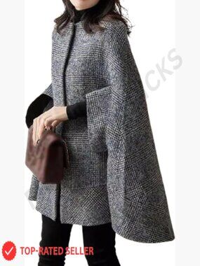 Women's Cape Coat 3/4 Sleeve Plaid Poncho Jacket Loose Fit Elegant Winter